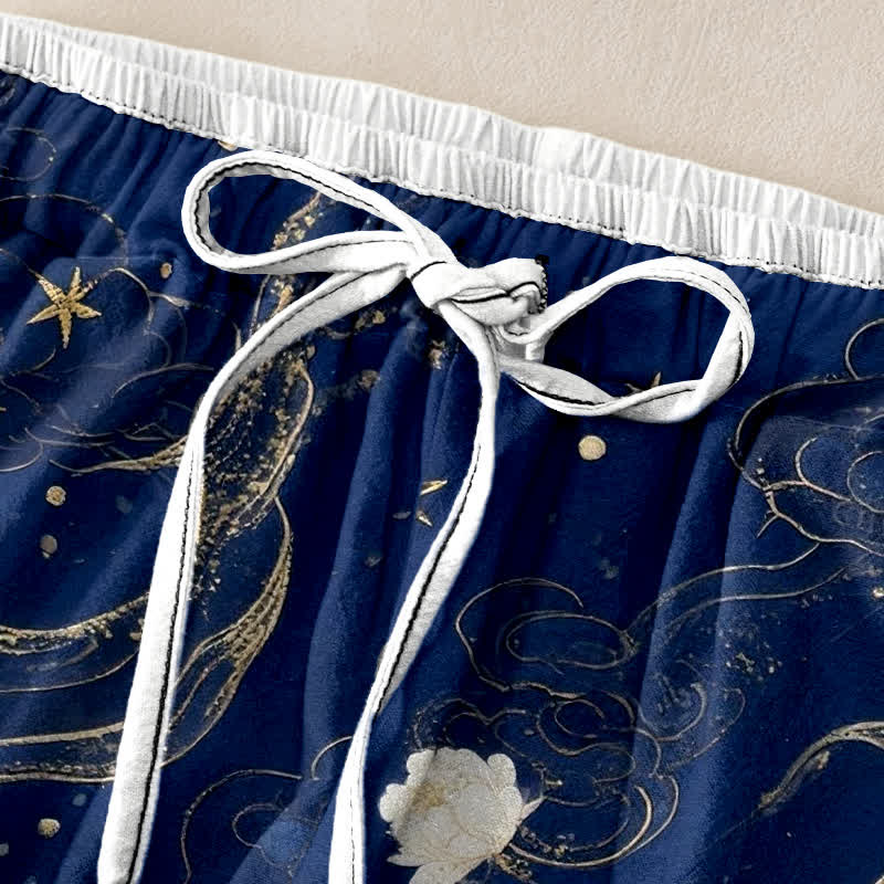Buddha Stones Eleganti pantaloni da donna in puro cotone con motivo floreale e gru, vita elasticizzata e tasche. - image 1