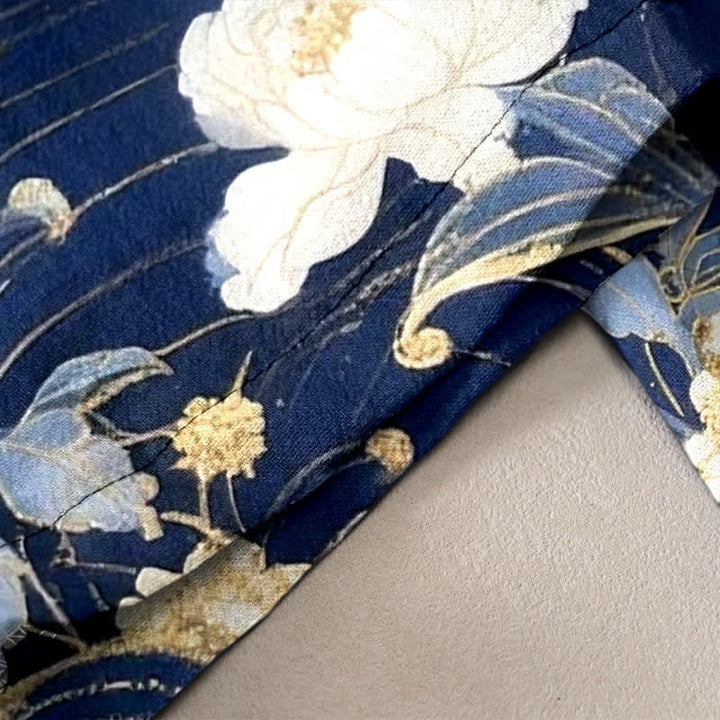 Buddha Stones Eleganti pantaloni da donna in puro cotone con motivo floreale e gru, vita elasticizzata e tasche. - image 2