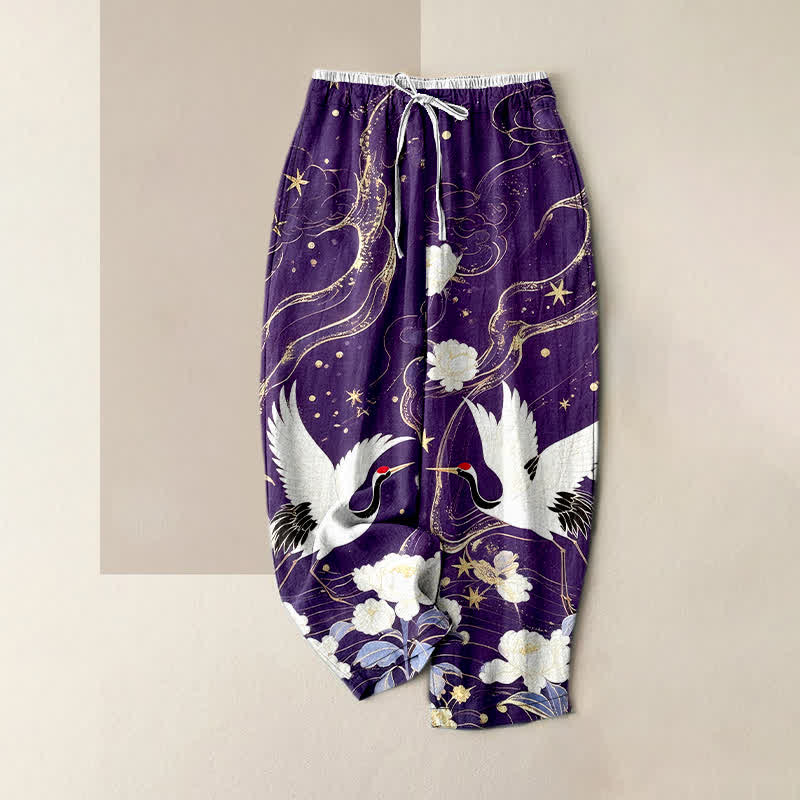 Buddha Stones Eleganti pantaloni da donna in puro cotone con motivo floreale e gru, vita elasticizzata e tasche. - Viola - US16, UK/AU20, EU48 (3XL) - image 4