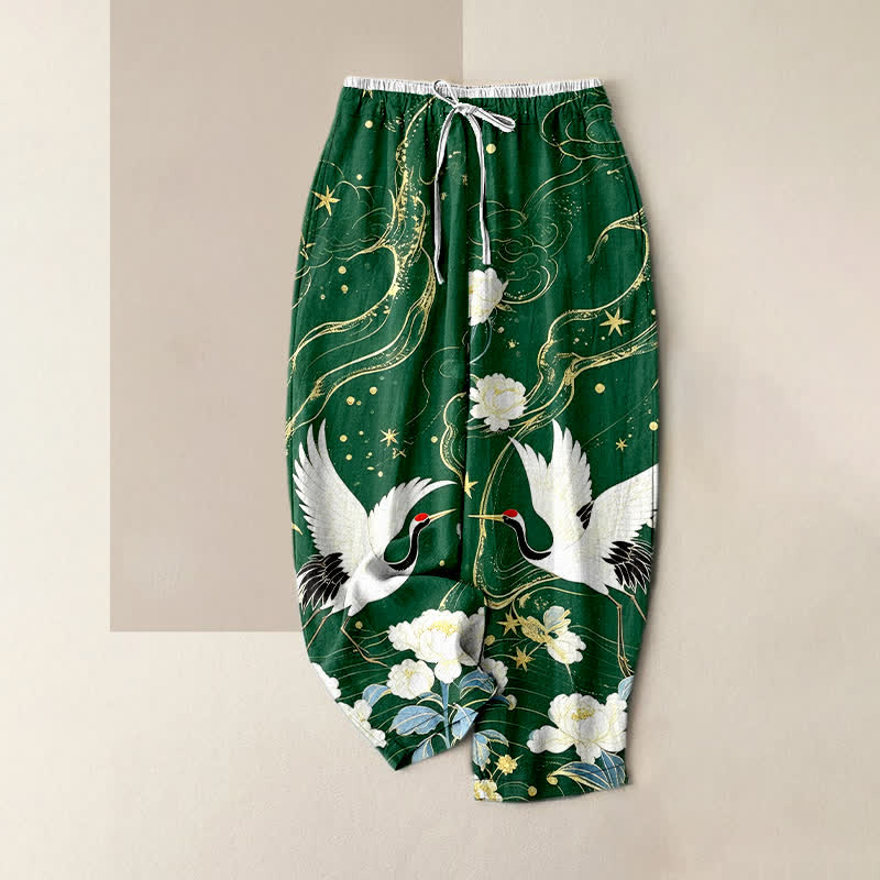 Buddha Stones Eleganti pantaloni da donna in puro cotone con motivo floreale e gru, vita elasticizzata e tasche. - Verde studentesco - US16, UK/AU20, EU48 (3XL) - image 5