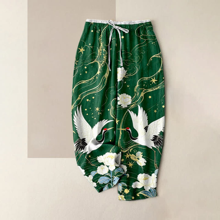 Buddha Stones Eleganti pantaloni da donna in puro cotone con motivo floreale e gru, vita elasticizzata e tasche. - Verde studentesco - US16, UK/AU20, EU48 (3XL) - image 5