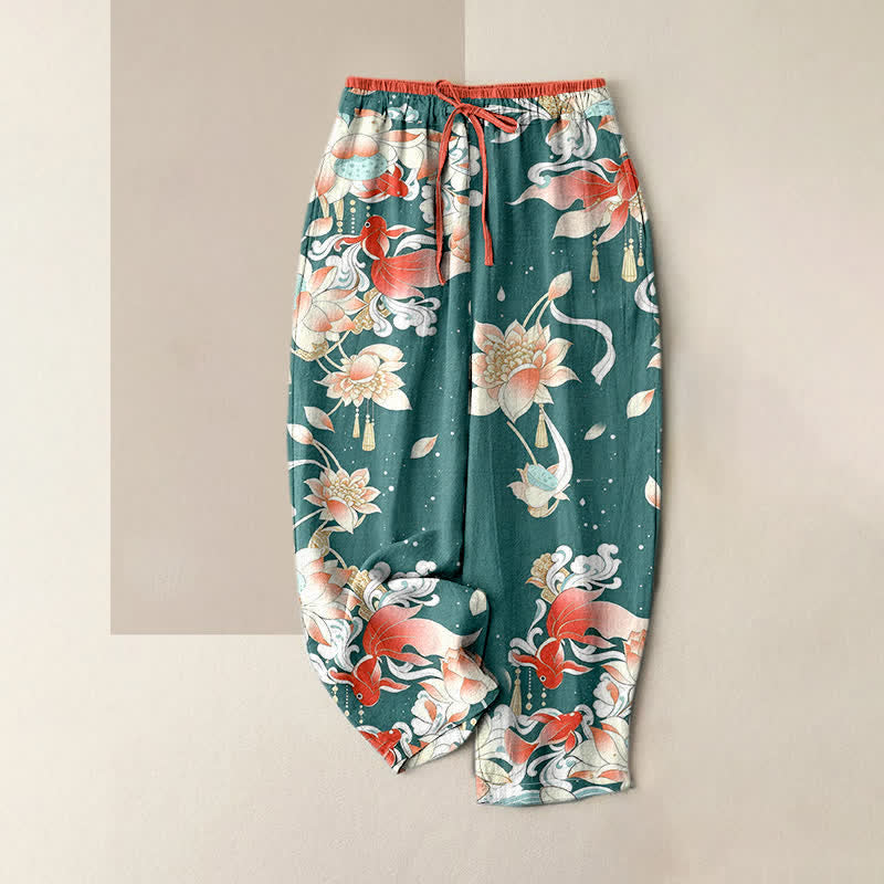 Buddha Stones Pantaloni da donna in puro cotone con elastico in vita e tasche, fantasia a loto rosso e carpe koi. - Ciano scuro - US16, UK/AU20, EU48 (3XL) - image 0
