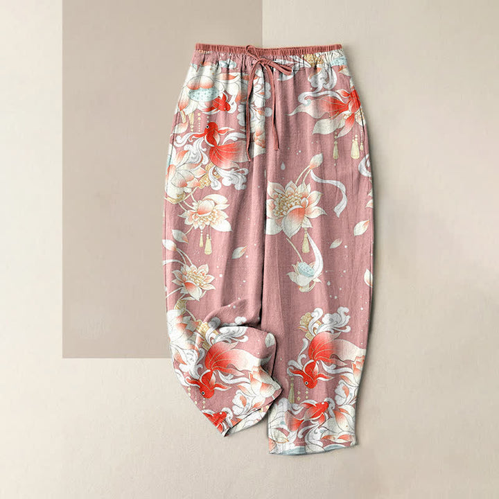 Buddha Stones Pantaloni da donna in puro cotone con elastico in vita e tasche, fantasia a loto rosso e carpe koi. - Rosa chiaro - US16, UK/AU20, EU48 (3XL) - image 4