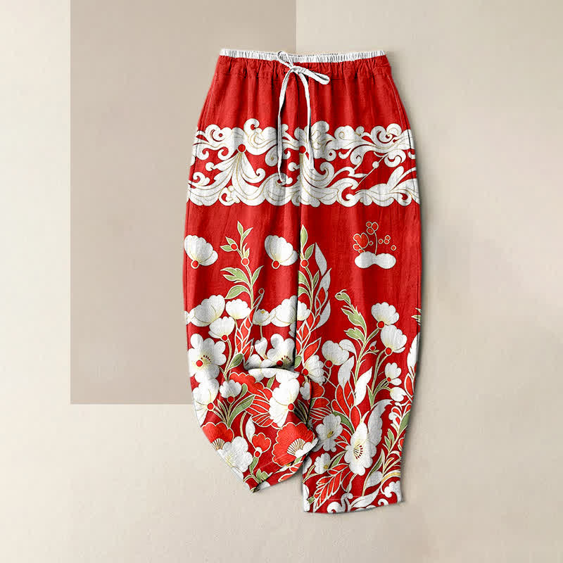 Buddha Stones Pantaloni da donna in puro cotone con elastico in vita e tasche, fantasia floreale bohémien a nuvole. - Rosso - US16, UK/AU20, EU48 (3XL) - image 3