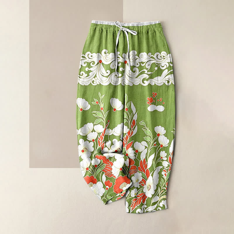 Buddha Stones Pantaloni da donna in puro cotone con elastico in vita e tasche, fantasia floreale bohémien a nuvole. - GialloVerde - US16, UK/AU20, EU48 (3XL) - image 4