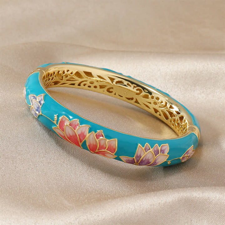 Buddha Stones Bracciale rigido illuminante in smalto cloisonné di loto in rame - Blu turchese - image 3