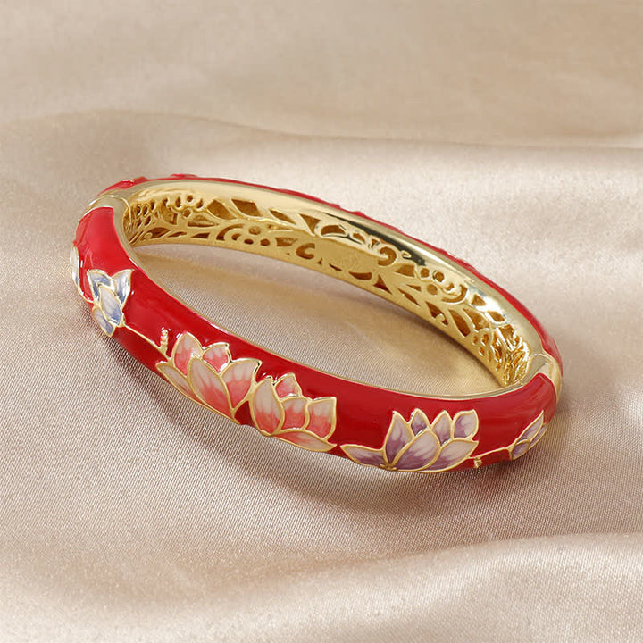 Buddha Stones Bracciale rigido illuminante in smalto cloisonné di loto in rame - Rosso - image 0