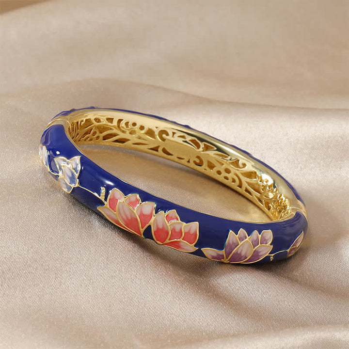 Buddha Stones Bracciale rigido illuminante in smalto cloisonné di loto in rame - Blu - image 2