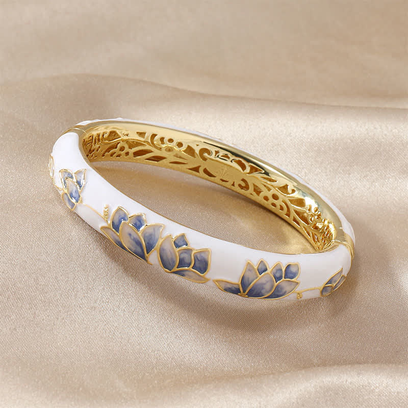 Buddha Stones Bracciale rigido illuminante in smalto cloisonné di loto in rame - Bianco - image 1
