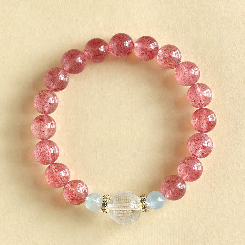 Buddha Stones Bracciale positivo con quarzo fragola e occhio di tigre blu - Quarzo fragola (Circonferenza del polso: 15–16 cm) - image 0