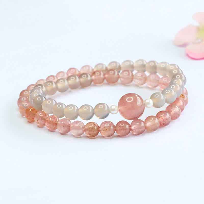 Buddha Stones Bracciale a doppio giro con quarzo fragola e agata grigia, positivo - image 2