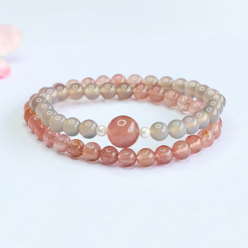 Buddha Stones Bracciale a doppio giro con quarzo fragola e agata grigia, positivo - image 1