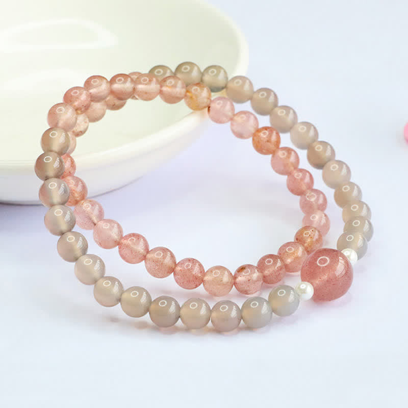 Buddha Stones Bracciale a doppio giro con quarzo fragola e agata grigia, positivo - Quarzo fragola (Circonferenza del polso: 14–15 cm) - image 0