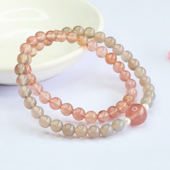 Buddha Stones Bracciale a doppio giro con quarzo fragola e agata grigia, positivo - Quarzo fragola (Circonferenza del polso: 14–15 cm) - image 0