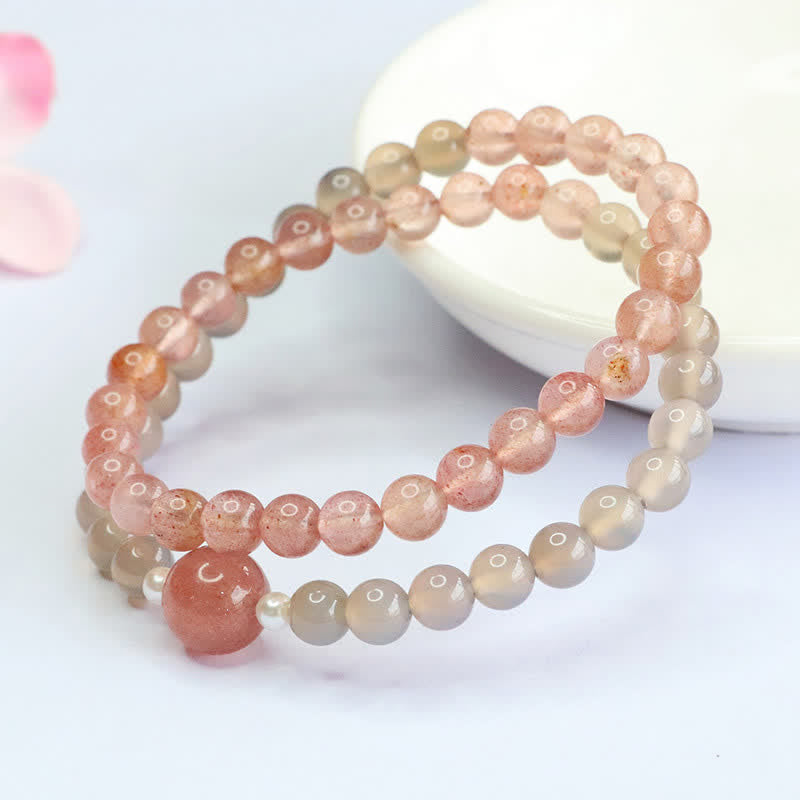 Buddha Stones Bracciale a doppio giro con quarzo fragola e agata grigia, positivo - image 3
