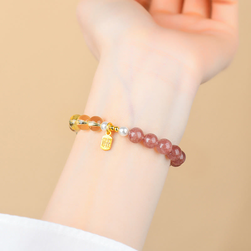 Buddha Stones Bracciale portafortuna con quarzo fragola e citrino, cinque elementi e personaggio Fu - image 2