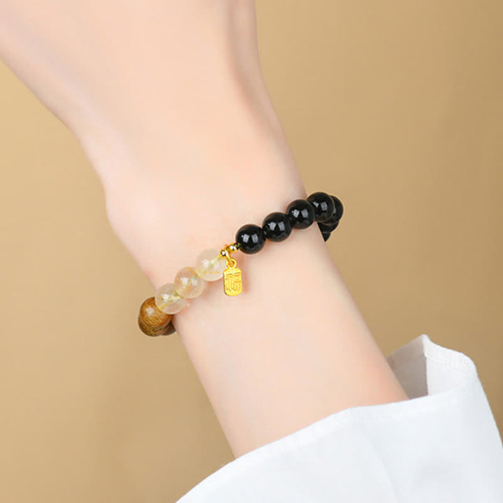 Buddha Stones Bracciale portafortuna con quarzo fragola e citrino, cinque elementi e personaggio Fu - image 21