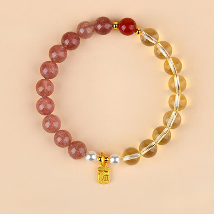 Buddha Stones Bracciale portafortuna con quarzo fragola e citrino, cinque elementi e personaggio Fu - Fuoco Metallo Terra (Circonferenza del polso: 15–16 cm) - image 0