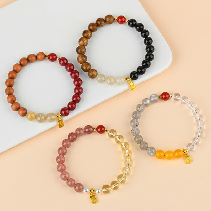 Buddha Stones Bracciale portafortuna con quarzo fragola e citrino, cinque elementi e personaggio Fu - image 24
