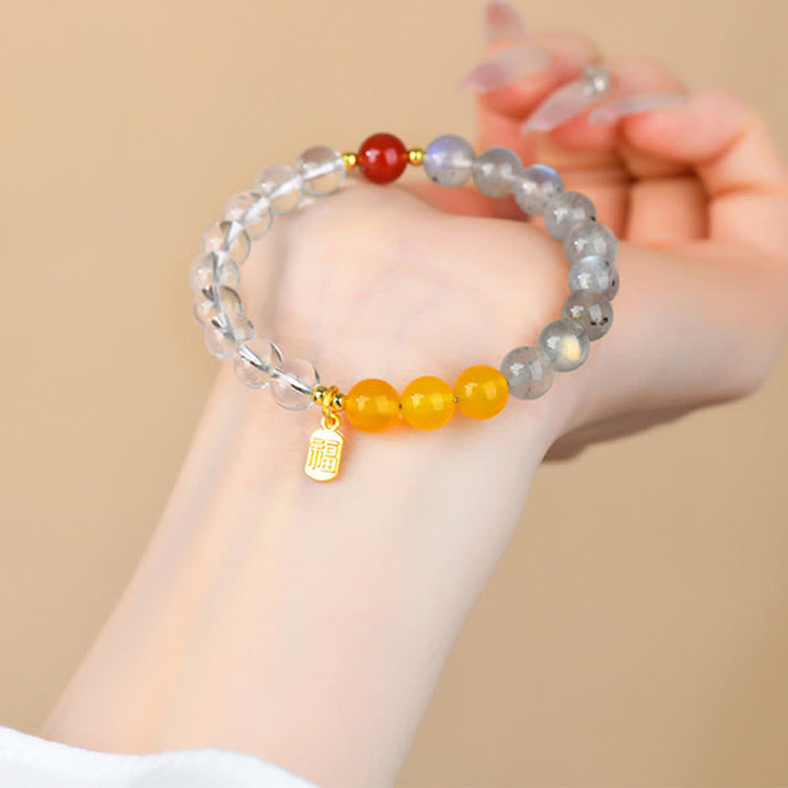 Buddha Stones Bracciale portafortuna con quarzo fragola e citrino, cinque elementi e personaggio Fu - image 11