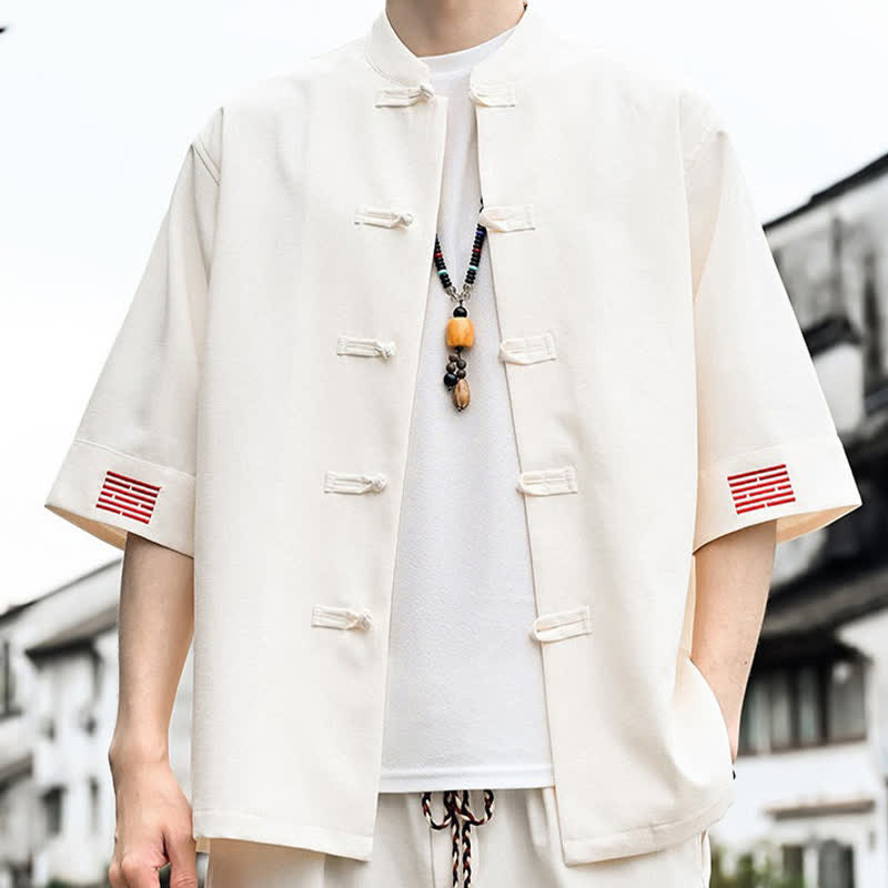 Buddha Stones Camicia da uomo a maniche corte tinta unita stile Summer Tang con bottoni a rana - image 10