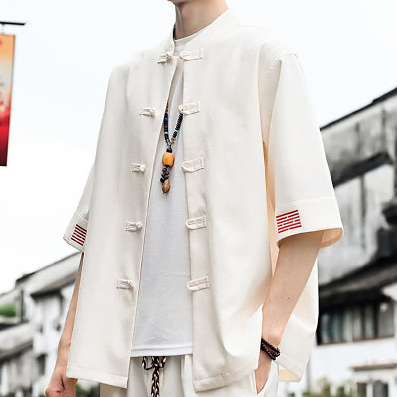 Buddha Stones Camicia da uomo a maniche corte tinta unita stile Summer Tang con bottoni a rana - image 11