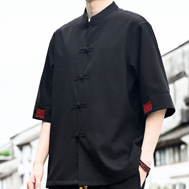 Buddha Stones Camicia da uomo a maniche corte tinta unita stile Summer Tang con bottoni a rana - image 4