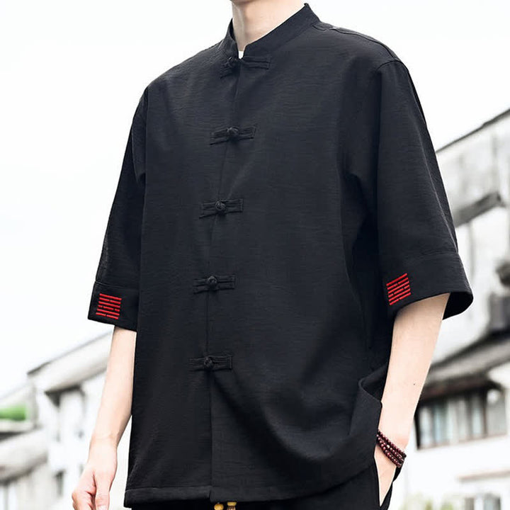 Buddha Stones Camicia da uomo a maniche corte tinta unita stile Summer Tang con bottoni a rana - image 4