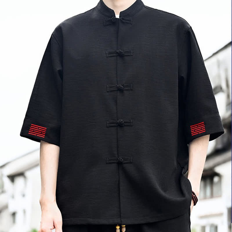 Buddha Stones Camicia da uomo a maniche corte tinta unita stile Summer Tang con bottoni a rana - image 2