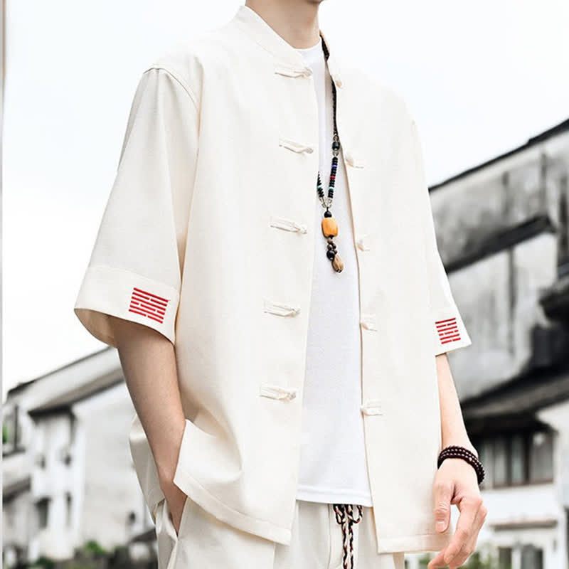 Buddha Stones Camicia da uomo a maniche corte tinta unita stile Summer Tang con bottoni a rana - image 8