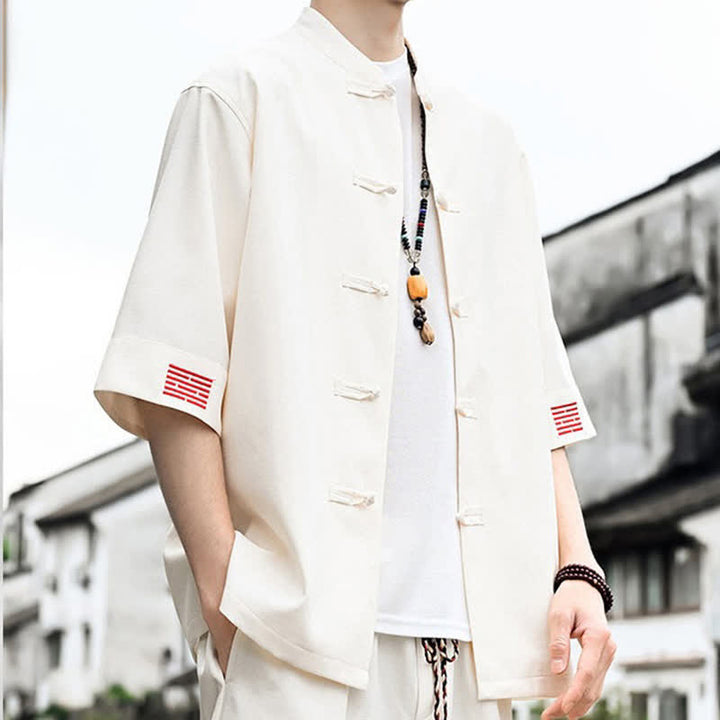 Buddha Stones Camicia da uomo a maniche corte tinta unita stile Summer Tang con bottoni a rana - image 8