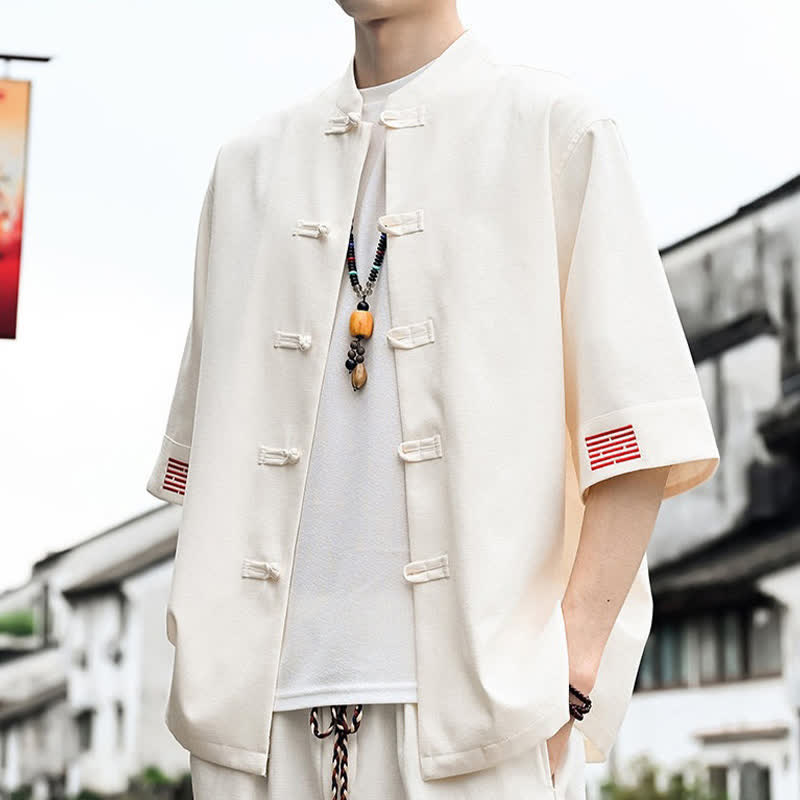 Buddha Stones Camicia da uomo a maniche corte tinta unita stile Summer Tang con bottoni a rana - image 13