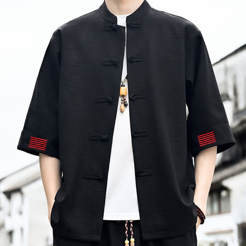 Buddha Stones Camicia da uomo a maniche corte tinta unita stile Summer Tang con bottoni a rana - image 6