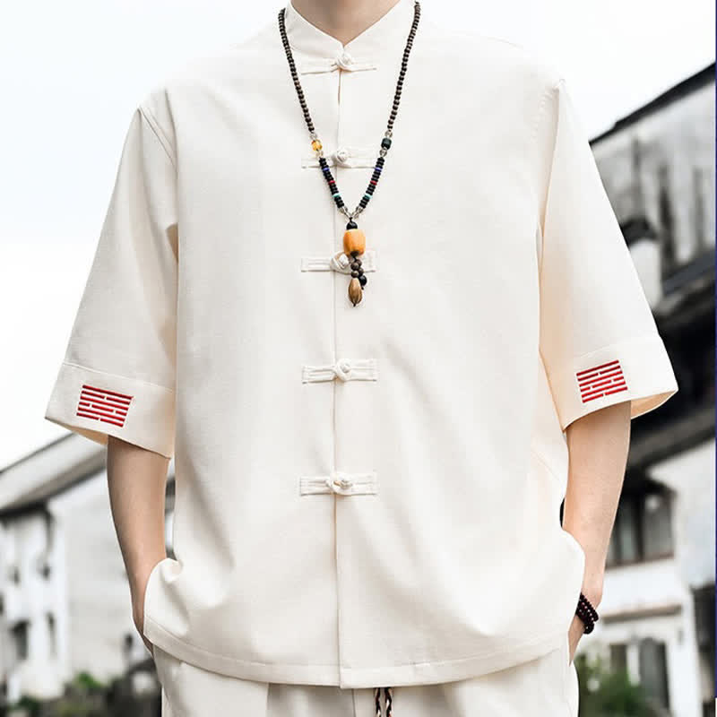 Buddha Stones Camicia da uomo a maniche corte tinta unita stile Summer Tang con bottoni a rana - image 9