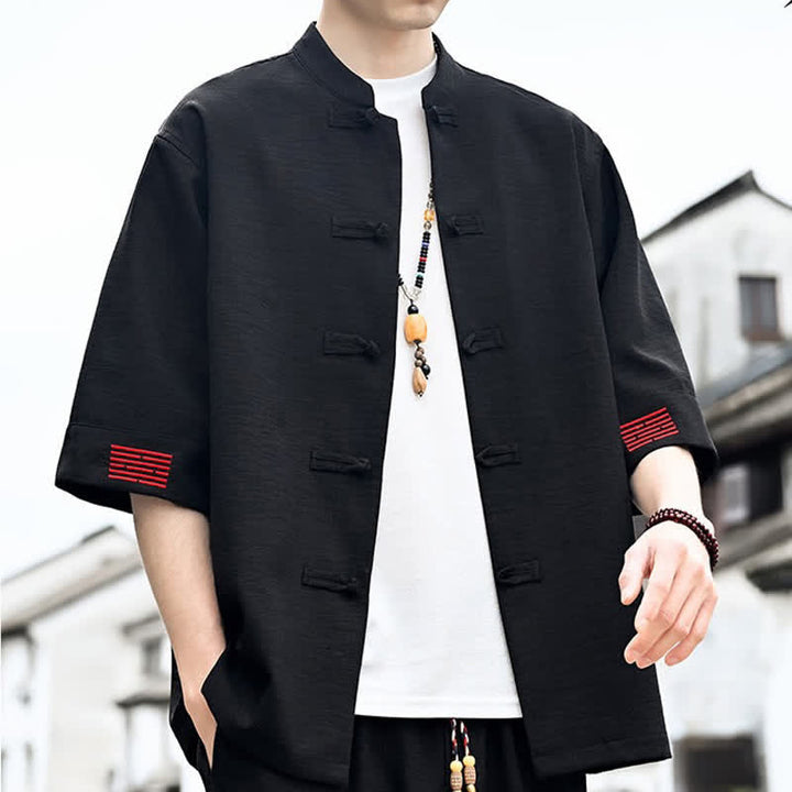 Buddha Stones Camicia da uomo a maniche corte tinta unita stile Summer Tang con bottoni a rana - image 5