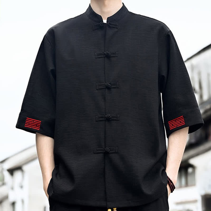 Buddha Stones Camicia da uomo a maniche corte tinta unita stile Summer Tang con bottoni a rana - image 3