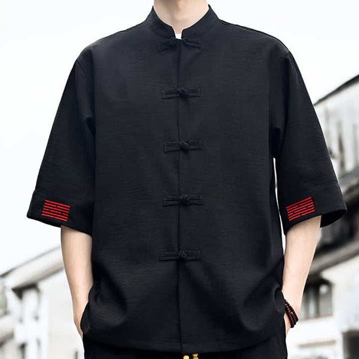 Buddha Stones Camicia da uomo a maniche corte tinta unita stile Summer Tang con bottoni a rana - image 3