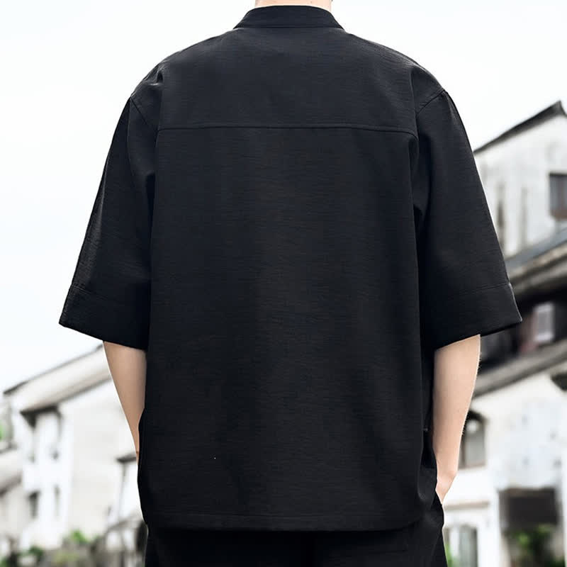 Buddha Stones Camicia da uomo a maniche corte tinta unita stile Summer Tang con bottoni a rana - image 1