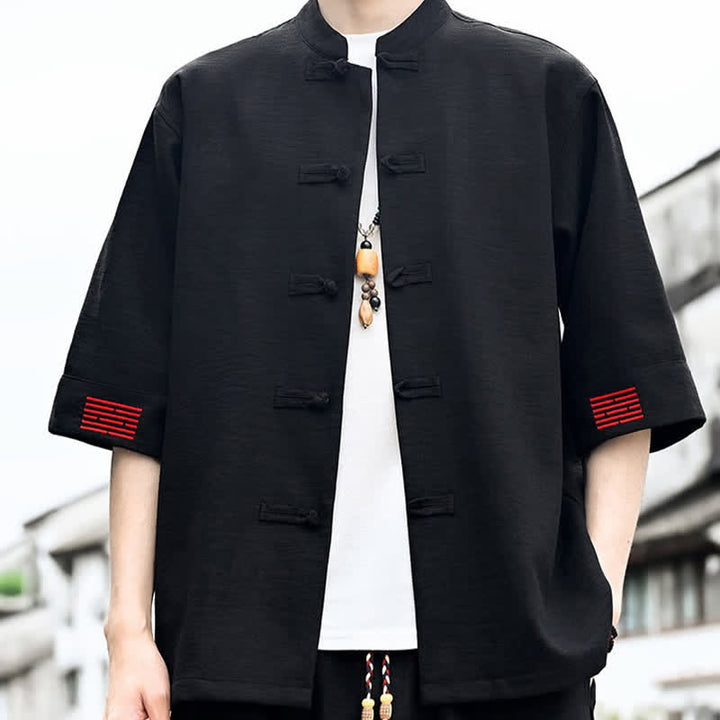 Buddha Stones Camicia da uomo a maniche corte tinta unita stile Summer Tang con bottoni a rana - Nero - US/UK/AU46, EU56 (5XL) - image 0