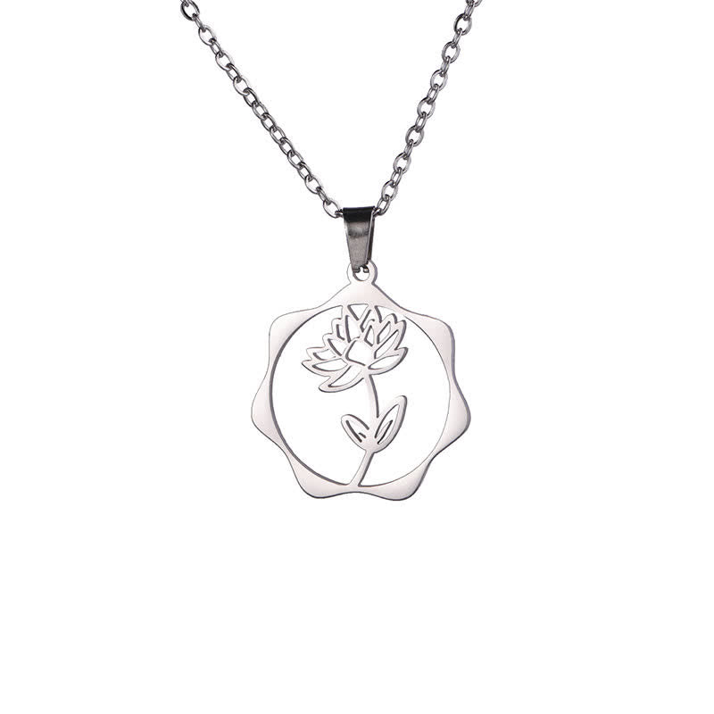 Buddha Stones Collana con ciondolo a forma di loto, fiore di nascita e simbolo dell'illuminazione, in acciaio al titanio. - Loto - Acciaio al titanio argentato - image 0