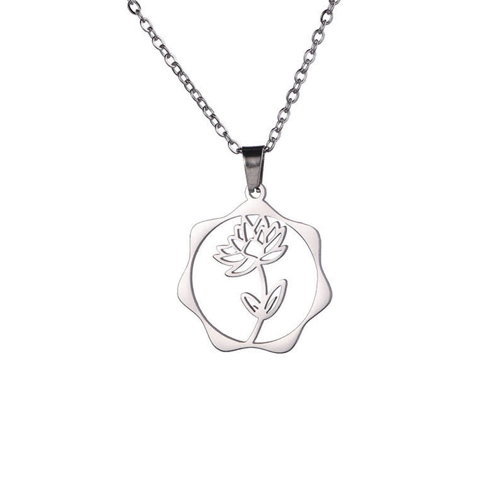 Buddha Stones Collana con ciondolo a forma di loto, fiore di nascita e simbolo dell'illuminazione, in acciaio al titanio. - Loto - Acciaio al titanio argentato - image 0
