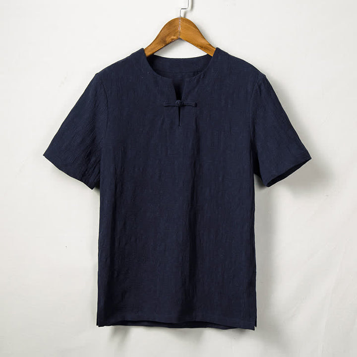 Buddha Stones Camicia da uomo a maniche corte Summer Tang Style con un bottone a forma di rana e motivo a foglie, tinta unita. - Blu mezzanotte - US/UK/AU44, EU54 (4XL) - image 4