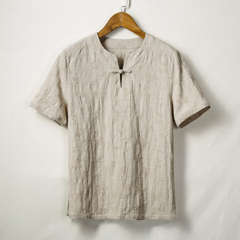 Buddha Stones Camicia da uomo a maniche corte Summer Tang Style con un bottone a forma di rana e motivo a foglie, tinta unita. - Biancheria - US/UK/AU44, EU54 (4XL) - image 0