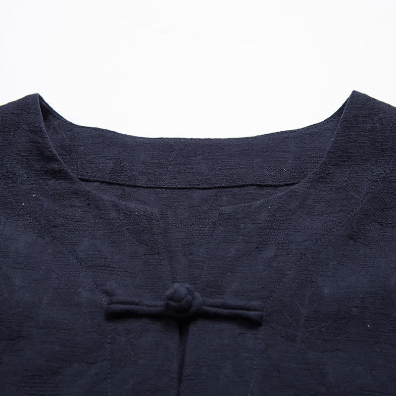 Buddha Stones Camicia da uomo a maniche corte Summer Tang Style con un bottone a forma di rana e motivo a foglie, tinta unita. - image 6