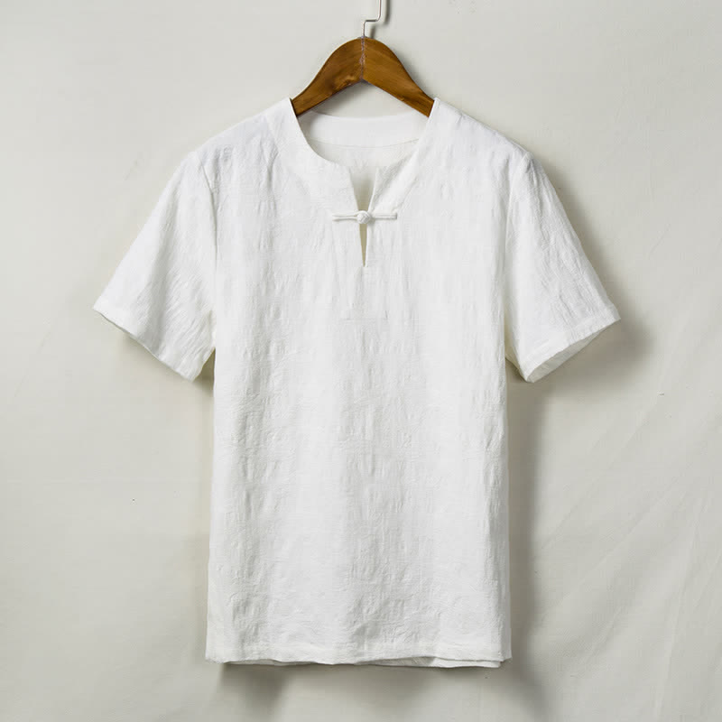 Buddha Stones Camicia da uomo a maniche corte Summer Tang Style con un bottone a forma di rana e motivo a foglie, tinta unita. - Bianco - US/UK/AU44, EU54 (4XL) - image 2