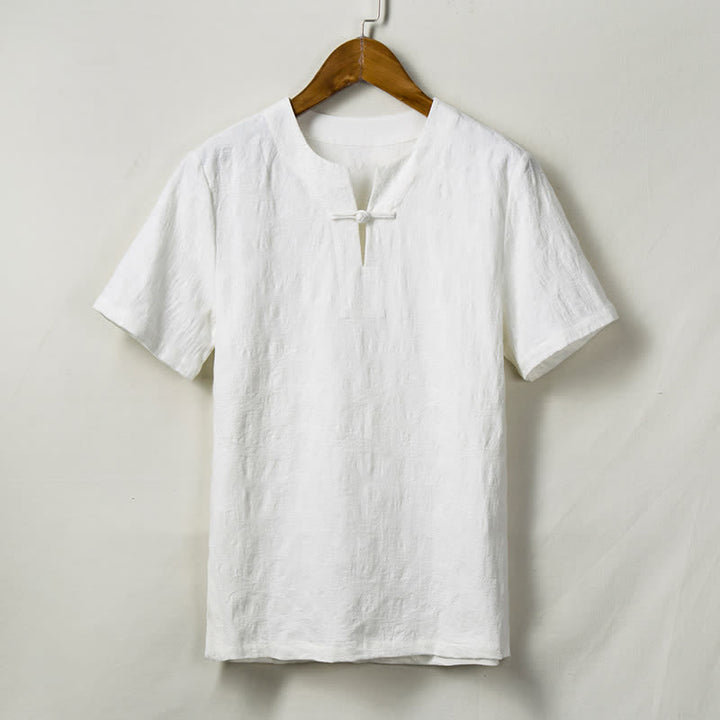 Buddha Stones Camicia da uomo a maniche corte Summer Tang Style con un bottone a forma di rana e motivo a foglie, tinta unita. - Bianco - US/UK/AU44, EU54 (4XL) - image 2