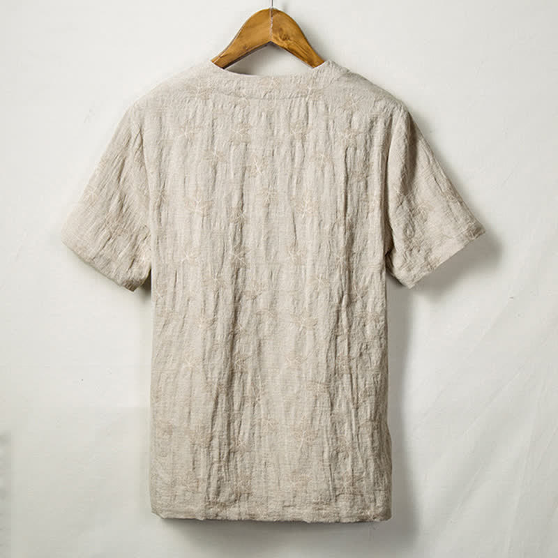 Buddha Stones Camicia da uomo a maniche corte Summer Tang Style con un bottone a forma di rana e motivo a foglie, tinta unita. - image 1