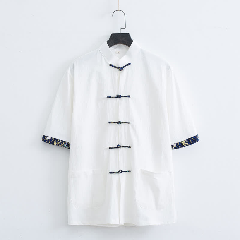Buddha Stones Camicia da uomo a maniche corte, tinta unita, con colletto alla coreana, bottoni a rana, stile Tang estivo, con tasche. - Bianco - US/UK/AU44, EU54 (4XL) - image 8