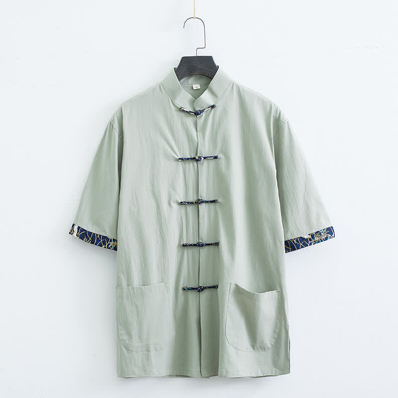 Buddha Stones Camicia da uomo a maniche corte, tinta unita, con colletto alla coreana, bottoni a rana, stile Tang estivo, con tasche. - Verde Mare Scuro - US/UK/AU44, EU54 (4XL) - image 11