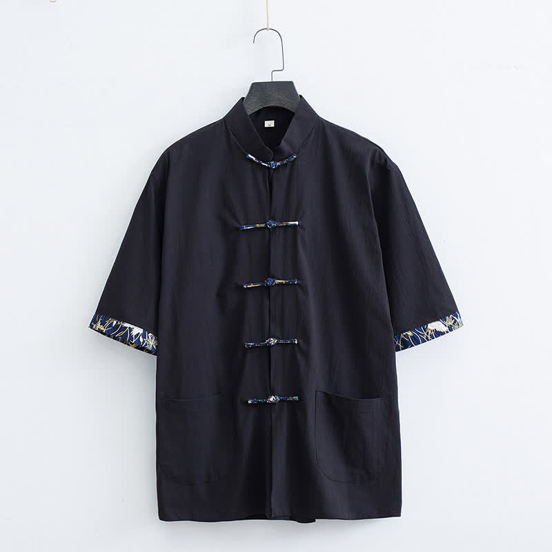 Buddha Stones Camicia da uomo a maniche corte, tinta unita, con colletto alla coreana, bottoni a rana, stile Tang estivo, con tasche. - Nero - US/UK/AU44, EU54 (4XL) - image 5